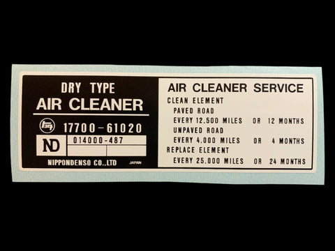 Air Cleaner Decal for '75 to '77 Land Cruiser FJ40 FJ45 FJ55