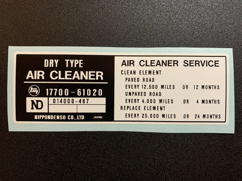 Air Cleaner Decal for '75 to '77 Land Cruiser FJ40 FJ45 FJ55