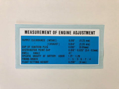 Engine Adjustment Decal for '62 to '64 Land Cruiser FJ40